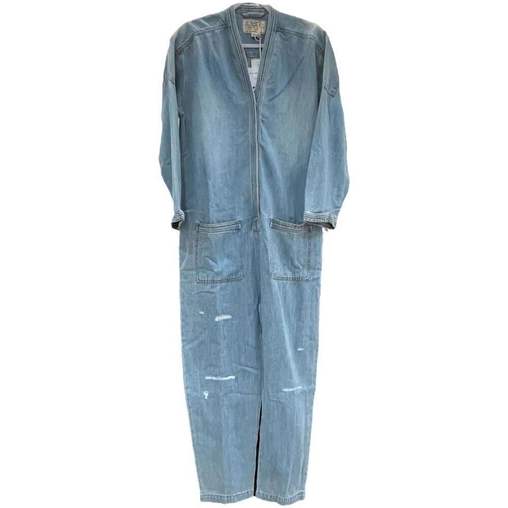 Sandrine Rose By Free People Women's Blue Medium Washed Denim Distressed Jumpsui